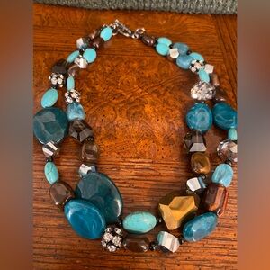 Elegant Shades of Blue Natural Stone, Glass and Rhinestones Beaded Necklace